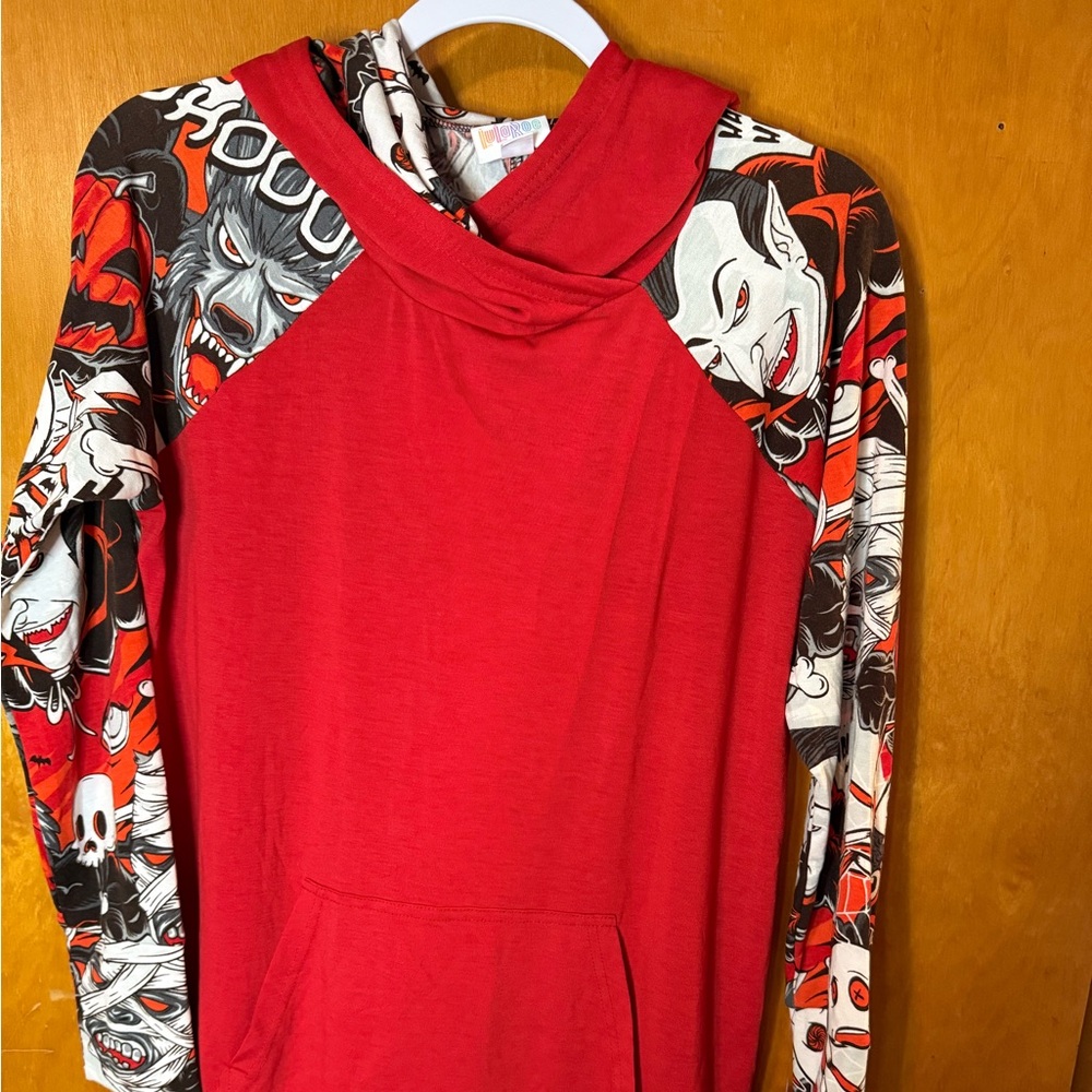 Lularoe Amber Halloween Red Graphic Hoodie with Horror Print Sleeves